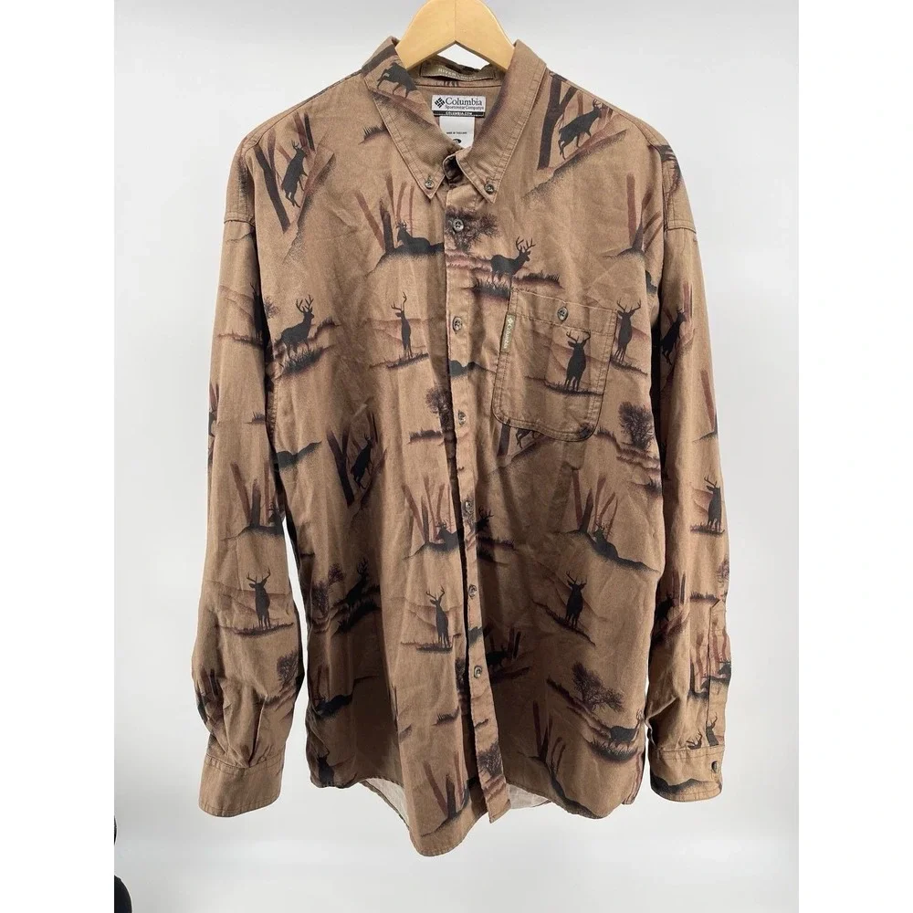 Columbia River Lodge Shirt XL Deer Print Button Up Brown‎ Hunting Outdoors